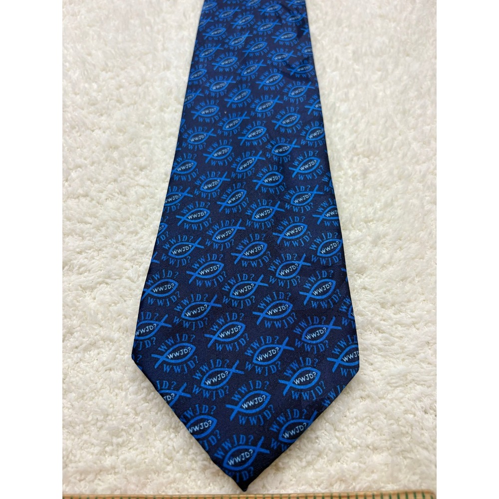 Briefly Stated Necktie Tie Mens Navy Blue Excellent WWJD Ichthys Fish Religious